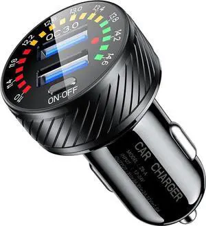 Car Charger 36W Fast Car Charger Adapter Dual USB Car Fast Charge with Colorful Voltmeter & ON/Off Switch