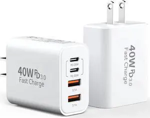 USB C Charger Block 40W 4 Ports Type C Fast Phone Charging Blocks Cube PD USBC Wall Plug+QC 3.0 USB A Charger Brick Box Power for iPhone 16/15/14/13/12/11 Pro Max iPad Galaxy Pixel 2Pack