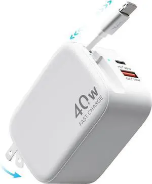 Retractable Wall Charger 40W PD Fast USB Charger Block with Retractable Lightening Cables for iPhone Portable Adapter with Foldable Plug for iPhone14/13/12 iPad Air-Pods