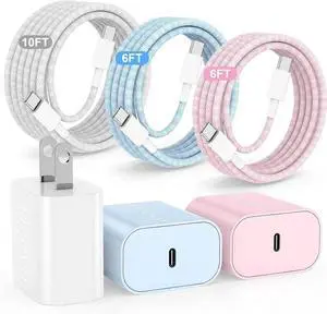 Fast Charging for iPhone 15 16 Pro Max Charger Colorful 3Pack 20W USB C Fast Chargers Block with 6/6/10ft Long USB C to C Braided Cable Compatible with iPhone 16/15 Pro/15 Plus/iPad Pro 13/12.9