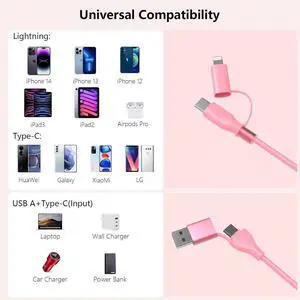 Multi Coiled 4-in-1 USBA/Type C to USB-C/Lightning Cable Combo for Carplay& Android Auto Pink 3A 60W Fast Charge & Data Sync Car Charger Cord for iPhone 15/14/13/12 Galaxy Android-MFi