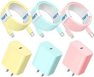 Compatible with iPhone USB C to ightning Cable 3Pack 10FT Long Phone Cables Type C Phone Charger Cord Fast Charging for Phone 14 13 12 11 Pro Max X XS XR 8 7 6s Plus SE and More-YellowBluePink