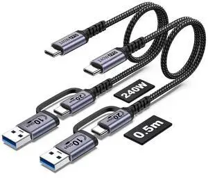 Android Auto USB C Cable 2-in-1 [1.5ft 2Pack] 240W Max USB 3.1 Gen 2 Fast Charging CarPlay Cable Compatible with iPhone 16 15 Pro Max Galaxy S23 S22 Ultra Note 20 SSD