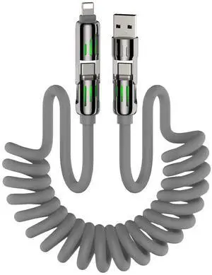 4-in-1 Coiled Universal USB Charging Cable -MAX 240W Fast Charging/Charger Cord with Multi USB Port for iPhone 16/15 14 13 iPad MacBook iPad Tablets and More (Grey Coiled 6Ft)