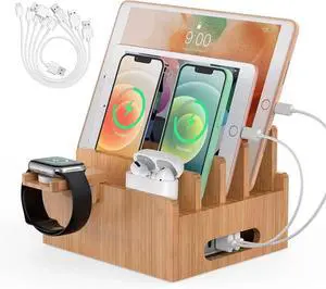 Cell Phone Charging Stations Bamboo Dock Organizer for Multi Devices Tablets Smart Watch with Pack 5 Cables No Power Charger Supply