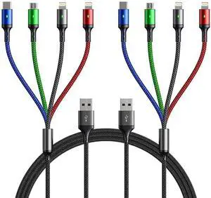 Multi Charging Cable(2Pack 6FT) 4 in 1 Charger Cable Braided Multiple USB Cable Universal Phone Charging Cord with Type-C Micro USB IP Port for iPhone16/15/14/13 Series/Cell Phones and More