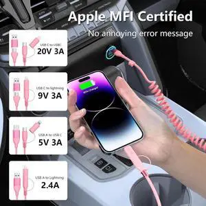 Multi Coiled 4-in-1 USBA/Type C to USB-C/Lightning Cable Combo for Carplay& Android Auto Pink 3A 60W Fast Charge & Data Sync Car Charger Cord for iPhone 15/14/13/12 Galaxy Android-MFi