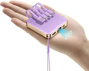 JAENFONG Portable Charger 12000mAh with Built-in Cables 22.5W Fast Charging Power Bank USB C Input/Output Smart LED Display Compact External Battery for iPhone 15 Galaxy iPad Tablets