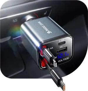 30W Retractable Car Charger 4 in 1 Fast Charging Adapter with Type-C & USB C Port 31.5 inch Retractable Cables Compatible with iPhone Android Galaxy