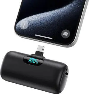 Mini Portable Charger USB C Power Bank Upgraded 5000mAh PD Fast Charging Battery Pack Built-in USB-C Connector LCD Display Compatible with iPhone16 16 Plus 16Pro/Max/15 iPad Pro/Air Android Phone etc