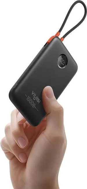 JAENFONG Slim Portable Charger 10000mAh Travel Power Bank with Built-in USB-C Cable & LED Display 22.5W Fast Charging Battery Pack Compatible with iPhone 16 15 S24 S23 -Black