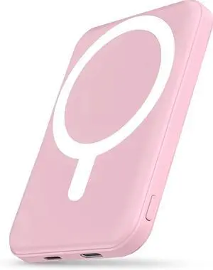 for Magsafe Battery Pack 5000mAh Magnetic Power Bank with Type-C Cable 20W PD Fast Charging Lighting Input Wireless Portable Charger for iPhone 16/15/14/13/12/ All Series-Pink