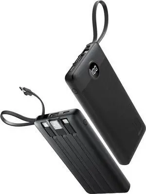 JAENFONG Portable Charger with Built in Cables Slim 10000mAh Power Bank with USB C External Battery Pack 5 Outputs 2 Inputs LED Display Compatible with iPhone/Android & More (Black)