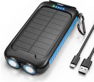 JAENFONG Solar Charger Power Bank 38800mAh Portable Phone Charger with 1 Type-C & 2 USB-A Ports Built-in Dual LED Flashlight 15W Fast Charging Waterproof Solar Panel Charger