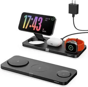 3 in 1 Wireless Charging Station for Dvices 15W Fast Magnetic Charger Foldable Travel Mag-Safe Charger Stand for iPhone 16/15/14/13/12 Pro Max Plus iWatch S10/Ultra - S2 AirPods 4/Pro/3/2