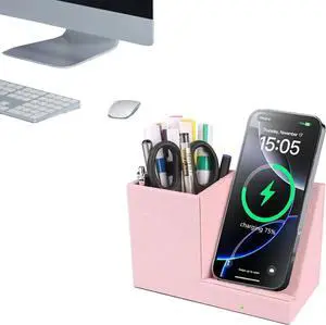 2025 New Wireless Charger 15W Pink Fast Charger Dual Coil Qi Certified Charging Dock Desk Stand and Pen Holder Storage Compatible with iPhone 16/15/14 MAX/XR/XS S24/S23 Series and More(No AC Adapter