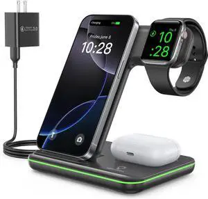 Wireless Charger for iPhone 16 15 14 13 12 11 X 8 3 in 1 Charging Station for Watch 10/9/8/7/6/5/4/3/2/SE/Ultra/Ultra 2 & for AirPods 4/3/2/Pro/Pro 2 (Black)