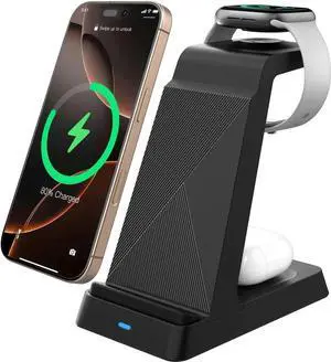 JAENFONG 2025 3 in 1 Charging Station Fast Charging for iPhone Wireless Charger for iPhone 16e 16 15 14 13 12 11 X Pro Max & Watch - Wireless Charging Station for AirPods 4 3 2 Pro