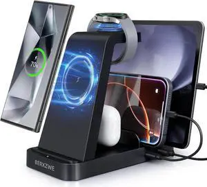 Wireless Charger for Charging Station 5 in 1 Wireless Fast Charger for Galaxy S25 Ultra/S24 Ultra/S23/S22 Watch Ultra 7/6/5/4/3 Charger Dock Stand for All Galaxy Tab Series Black