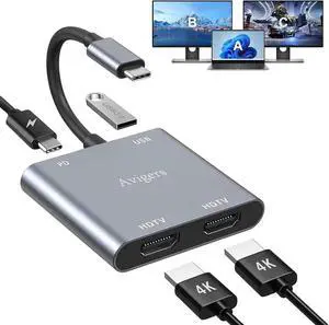 (4 in 1) USB C to Dual Hdmi Adapter for 2 monitors 100W PD USB 3.0 (MST is not Support on MacOS MacOS Allows Monitor Display 2 Separate Screens Windows Allows Monitor Display 3 Separate Screens)