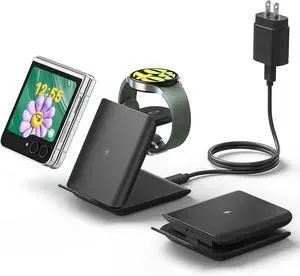 Wireless Charger for Galaxy Z Flip 2 in 1 Foldable Travel Fast Wireless Charging Stand for Galaxy Z Flip 7/6/5/4/3 Galaxy S24 Ultra/S23/S22/Note 20 Galaxy Watch 7/Ultra/6 Black