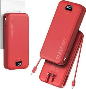 JAENFONG 20000mAh Ultra-Portable-Charger-Power-Bank with Built in Cables&AC Wall Plug PD20W USB-C Fast Charging Cell Phone Charger Battery Pack LED Display Travel Battery Bank for All iPhone Android