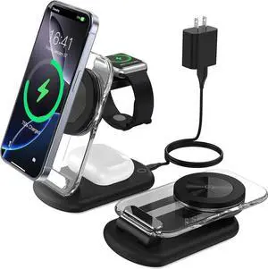 3 in 1 Magnetic Wireless Charging Station for Devices Fast Foldable Travel Mag-Safe Charger Stand with Night Light for iPhone 16 15 14 13 12 Series Watch/