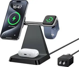 Charging Station for Multiple Devices : 3 in 1 Magnetic Wireless Charger Stand for Mag Safe iPhone - Nightstand Charging Dock for iPhone 16 15 14 13 12 Pro Max Plus Watch Airpods