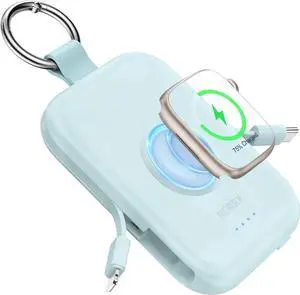 JAENFONG Portable Charger 5000mAh Portable Charger Power Bank with Built-in Cables Travel Keychain Battery Pack for Watch Ultra 2/10/9/8/Ultra/7/6/SE/5 iPhone 16/15/14/13/12 Blue