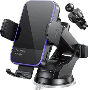 Wireless Car Charger 7 Colored RGB Backlit 15W Auto Clamping Phone Holders for Your car fit for iPhone 16 15 14 Mini Pro Max Galaxy S25 Ultra S24 S23+ etc Fathers Day for Gifts