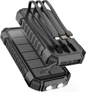 JAENFONG Solar Charger for Outdoor: 27000mAh Power Bank with Built-in Cables - 15W Fast Charging Portable Charger with 2 Flashlights for All Smartphone -External Battery Pack for Camping(Black)