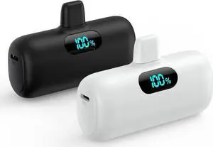 [2 Pack]Mini Portable Charger 5000mAh Ultra-Compact 15W PD Fast Charging Power Bank LCD Display Cute Battery Pack Backup Charger Compatible with iPhone 14/14 Pro Max/13/13 Pro/12/XR/8/7/6-Black+White