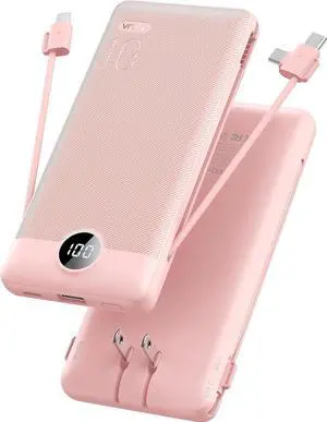 JAENFONG Portable Charger Built-in Cables and AC Wall Plug USB C Power Bank 10000mAh Travel Essentials Phone Charger Compact Lightweight External Battery Pack for Smart Phones Tablets etc-Pink