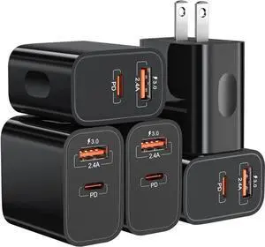 20W USB C Fast Charger+Quick Fast Charger 3.0 Wall Charger 5 Pack Dual Port PD Fast Charging Block Power Adapter Compatible iPhone 16/15/14/13/12/11 Pro Max/XS/SE/8 Plus S20 (Black)
