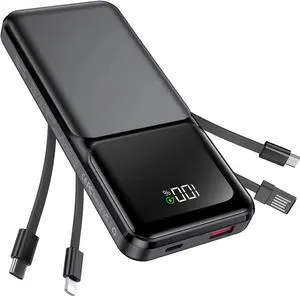 JAENFONG Portable Charger with Built in Cable - 20000mAh Fast Charging 22.5W Slim Power Bank USB C LED Display Travel Battery Pack 5 Outputs & 3 Inputs for iPhone Android iPad Phones Tablets etc