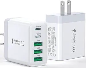 [2-Pack] USB C Wall Charger 50W Fast USB C Charger Block 5-Port PD Power Adapter + QC Wall Plug Multiport Type C Charging Block Cube Compatible with iPhone 16 15 14 13 12 11 Pro Max XR XS Tablets