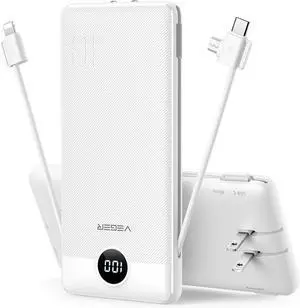 JAENFONG Portable Charger for iPhone Built in Cables and Wall Plug 10000mah Slim Fast Charging USB C Power Bank Travel Essential Battery Pack Compatible with iPhones iPad More Devices(White)