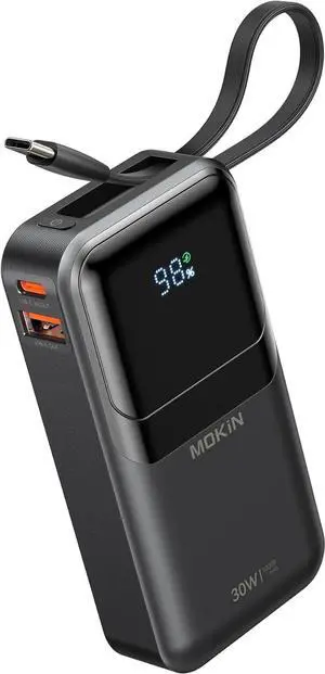 JAENFONG Portable Charger 10000mAh Power Bank 30W Fast Charging Battery Pack USB-C USB A Bulit in 2 Cables iOS & Type C Digital Display Compact PowerBank Compatible with iPhone 16/15/14/13 Black