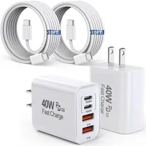 10FT iPhone 16 15 Pro Charger 2Pack 10Foot USB C to C Woven Cable Cord 40W USB C Charger 4 Port PD&AC Charger Block Fast Charging for iPhone 16/16 Pro/16 Pro Max/16 Plus/15/15 Pro/15Pro Max/iPad