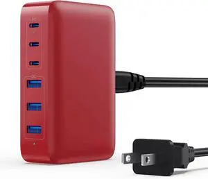 USB C Charger 108W USB C Charger Block Upgraded GaN III 6-Port Fast USB Charging Station Hub 3xQC+3xPD3.0 Phone Charger Adapter Compatible with iPhone 16/15/14/13/X/8 Android iPad Tablets-Red