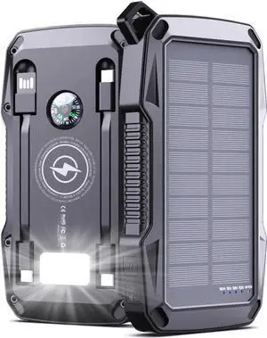 Solar Charger Power Bank 10000mAh with Security Alarm 22.5W Fast Charging Portable Wireless Phone Charger Dual USB C Cables LED Flashlight External Battery Pack for Outdoor Camping Hiking Travel