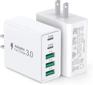 [2-Pack] USB C Wall Charger 50W 5-Port PD Fast USB C Charging Block 2USB C+3USB A Multiport Plug Type C Power Adapter Brick Cube for iPhone 16/15/14/13/12/Pro Max/XS iPad for Switch Ultra 2
