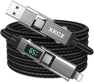 4 in 1 USB C Cable with Wattage Display 65W Round Nylon Braided Multi Charging Cable with Data Sync USB C Charging Cord Combo Type C/USB A/iPhone Port for iPhone/iPad//Laptop 5FT