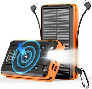 JAENFONG Solar Power Bank Portable Charger 52800mAh 5V/3A Fast Charging Battery Pack with Built in 4 Cables 2 Outputs & LED Flashlight for All Mobile Devices Camping Traver Outdoor