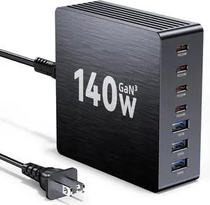140W USB C Charger Block GaN III 7 Port Fast Charging Station PD 3.0 USB Wall Charger for Multiple Devices Portable Power Strip Laptop Charging Hub Travel Adapter for iPad iPhone Android