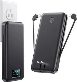 Portable Charger with Built-in Cables & AC Wall Plug Upgraded 13800mAh USB-C Power Bank 4 Output LCD Display External Battery Pack Phone Charger Compatible with iPhone 16/15/14/13 Android etc