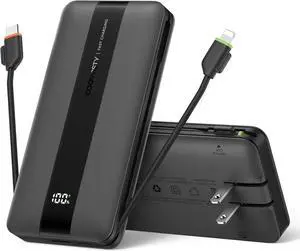 Portable Charger with Foldable AC Wall Plug Fast Charging 10500mAh 22.5W Power Bank with Built-in Cables 4 Outputs 3 Inputs LED Display Slim Battery Pack Compatible with iPhone/Android (Black)