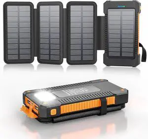 JAENFONG Solar Power Bank 38800mAh with 4 Solar Panels Portable Charger USB C 18W Fast Charge for iPhone IP67 Waterproof Outdoor External Battery Pack with Flashlight Light/SOS/Strobe
