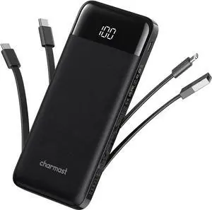 JAENFONG Portable Charger with Built in Cables Power Bank with Cords Wires Slim 10000mAh Travel Battery Pack 6 Outputs 3 Inputs 3A Fast Charging for Google Pixel LG Moto iPhone iPad