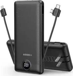 Portable Charger for iPhone Built in Cables and Wall Plug 10000mah Slim Fast Charging USB C Power Bank Travel Essential Battery Pack Compatible with iPhones iPad More Devices(Black)